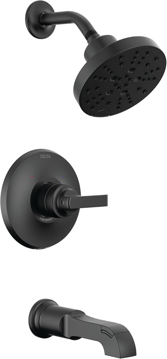 Delta Tetra 14 Series H2Okinetic Bathtub and Shower Faucet Set, Matte Black Shower Head and Handle Set, Valve Trim Kit, Matte Black T14489-BL (Valve Not Included)