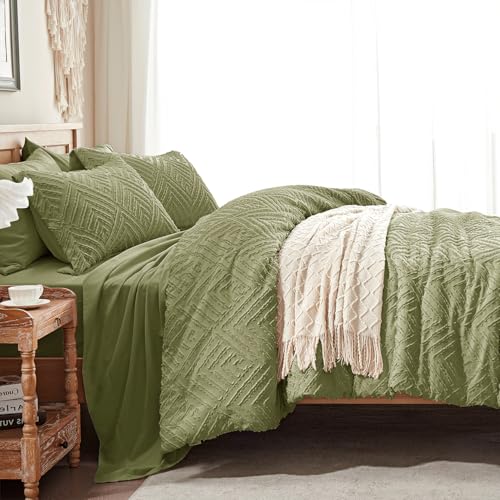 Image of Zzlpp King Comforter Set 7 Pieces, Army Green Tufted Bed in a Bag with Comforter and 2 Sheets, All Season Boho Bedding Sets with 1 Comforter, 2 Pillow Shams, 2 Pillowcases