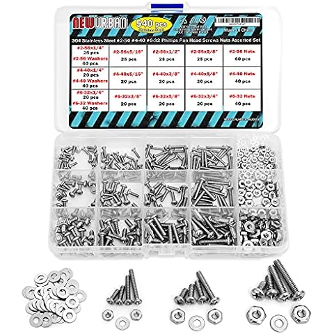 NEWURBAN - 540 pcs #2-56#4-40#6-32 Phillips Pan Head Screws Bolt Nut Flat Washers 304 Stainless Steel Cover