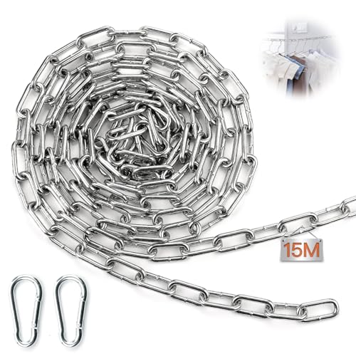 Mbsomnus Cadena 15 M 3 mm Cadena Resistente Cadenas Cadena de Acero Cadena de Metal Cadena Galvanizada con Eslabones Soldados y Mosquetón Catena para Cadena Columpio Bicicleta