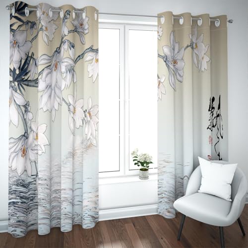 UIRINGART Cortinas Ventana Florales Tradicionales Estilo Tinta China Estampado Flores Magnolia Blanca Cortinas con Aislamiento térmico para Sala Estudio salón 2 Paneles H245xB140