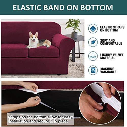 Housse de canapé de luxe en velours doux extensible teinte rouge-vin - 5