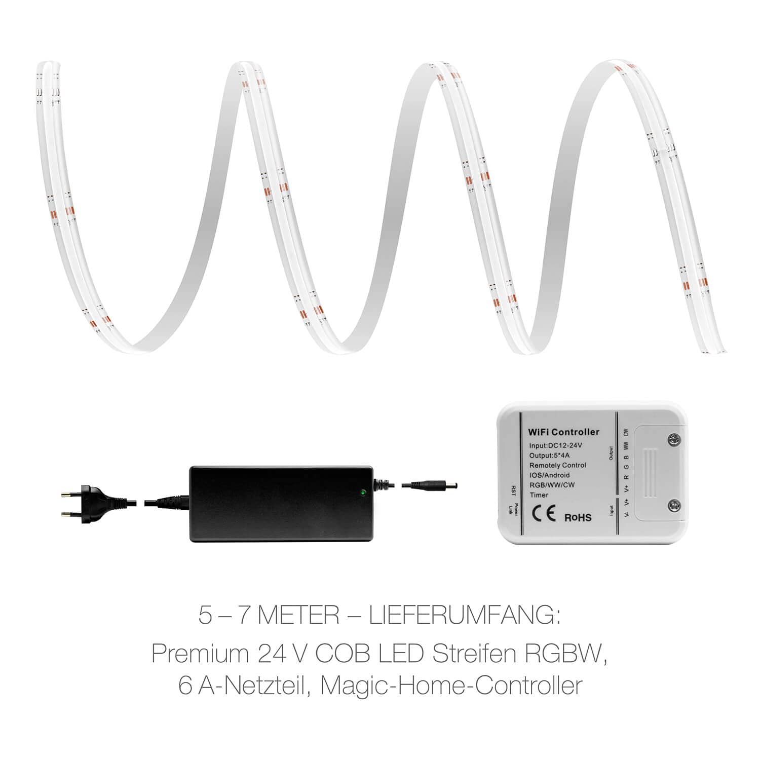 LED Universum Juego de tiras LED COB WLAN RGB-W con controlador Magic Home y fuente de alimentación, filamento premium, 24 V, tiras LED IP65 RGB-WW, multicolor (2 metros)