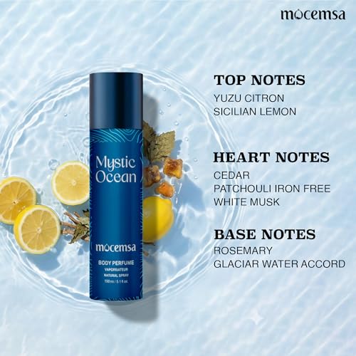 Image of Mocemsa Mystic Ocean Pour Homme Body Perfume for Men | Fresh Marine & Aquatic Fragrance | Long-Lasting No Gas Deodorant | Everyday Office & Summer Scent | Premium Men's Body Spray | 150ml