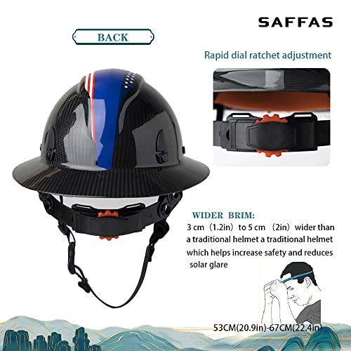 Saffas Carbon Fiber Hard Hat Full Brim American Flag 6 Point Ratchet Suspension (Blue) #TOP3