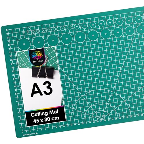 OfficeTree Cutting Mat A3 Self Healing - Green Cutting Board Craft 45 x 30 cm - Double Sided Grid - PVC 3 Layers Quilting for Sewing, Crafting, Modelling, Scrapbooking