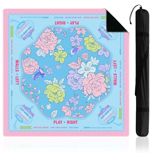 Soulchen Blue Pink Flower 22 in Mini Chinoiserie American Mahjong Mat for Travel No Creases Ships Rolled Non-Slip Noise Reduction Gaming Mat with Carrying Bag for Mahjong Tile Dominoes Board