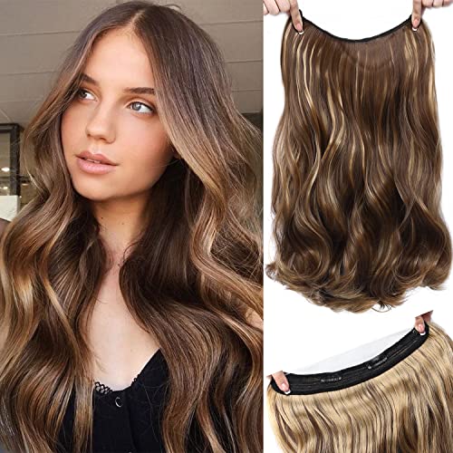 Halo Hair Extensions Thick Invisible Wire Hair Extension Medium Brown Mix Blonde Highlights with Transparent Headband 4