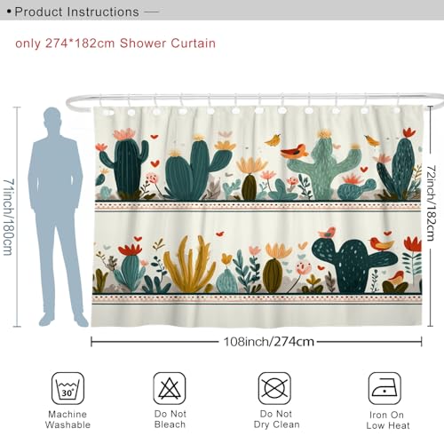 Rideau de douche extra large 274x183 cm en polyester imperméable motif cactus