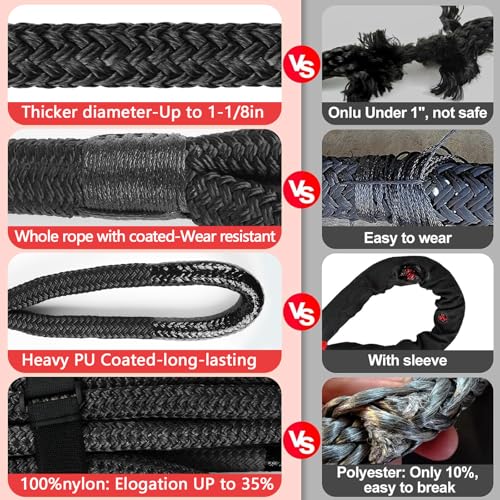 Image of NTR 1-1 /8 inch x 30' Kinetic Recovery Tow Rope (37,480lbs), with 2 UHMWPE Soft Shackles (40,980lbs), Heavy-Duty Offroad Snatch Strap, Vehicle Recovery kit for Jeep car Truck ATV UTV SUV, Black