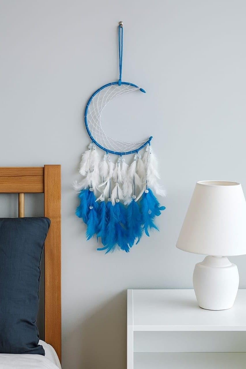 Blue Crescent Moon Dream Catcher with White & Blue Feathers – Handmade Boho Wall Hanging Decor for Bedroom, Living Room, Nursery & Gift-image-11