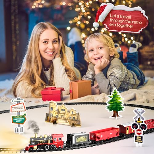 Train Set for Kids 3-5 4-7, Classic Christmas Electric Train Toys Set with Steam Locomotive Engine, Lights & Sound, Tracks for Christmas Tree, Toy Train Set for 3 4 5 6 Years Old Kids Boys Girls