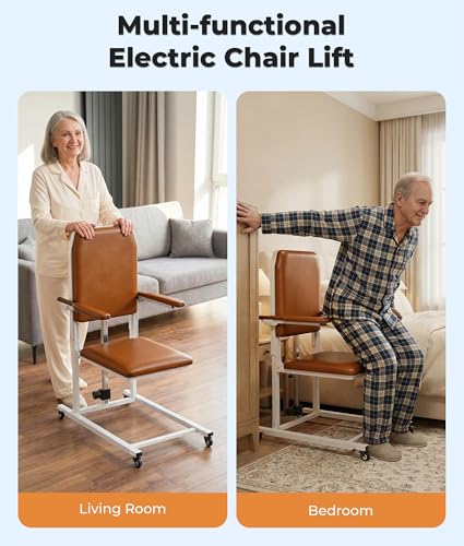 Image of Electric Chair Lift with 4 Wheels and PU Cushion, Get Up from Floor Lift for Elderly, 573 LBS, Safety Seat Belts and Handrails, Suitable for Home or Care Facilities Use