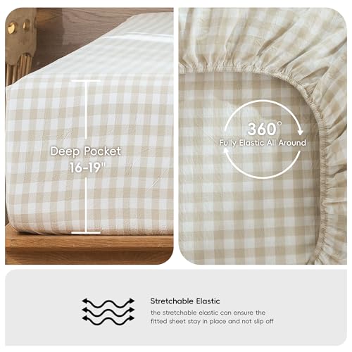 Image of MooMee Gingham Sheet Set 100% Washed Cotton Linen Like Textured Breathable Soft w / Fully Elasticized 16-19 inch Deep Pocket (Classic Gingham Almond Milk Grey, Queen)
