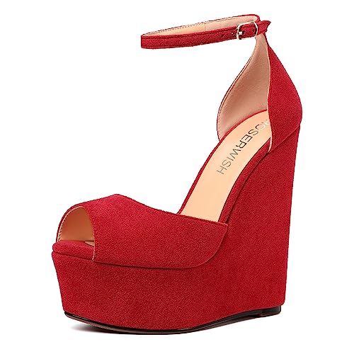 ROSERWISH Womens Sexy Peep Toe Night Club Ankle Strap Suede Buckle Platform Fashion Wedge High Heel Pumps Shoes 6 Inch