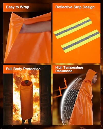 Image of Emergency Fireproof Cloak with Hood - KANHIRO 1076F Heat Resistant Fire Escape Poncho, Extra Large Silicone Coated Fire Blanket Cape for Home, Kitchen & Emergency