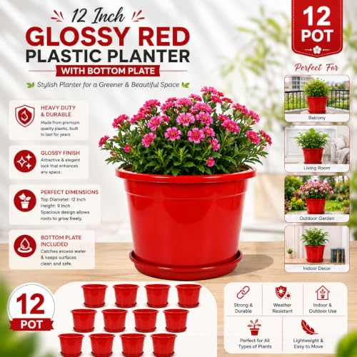 Image of 12 Inch Glossy Red Plastic Planter with Bottom Plate | Heavy Duty Flower Pot with Tray for Indoor Home Decor, Balcony, Living Room & Outdoor Garden (12 Pot, Red)