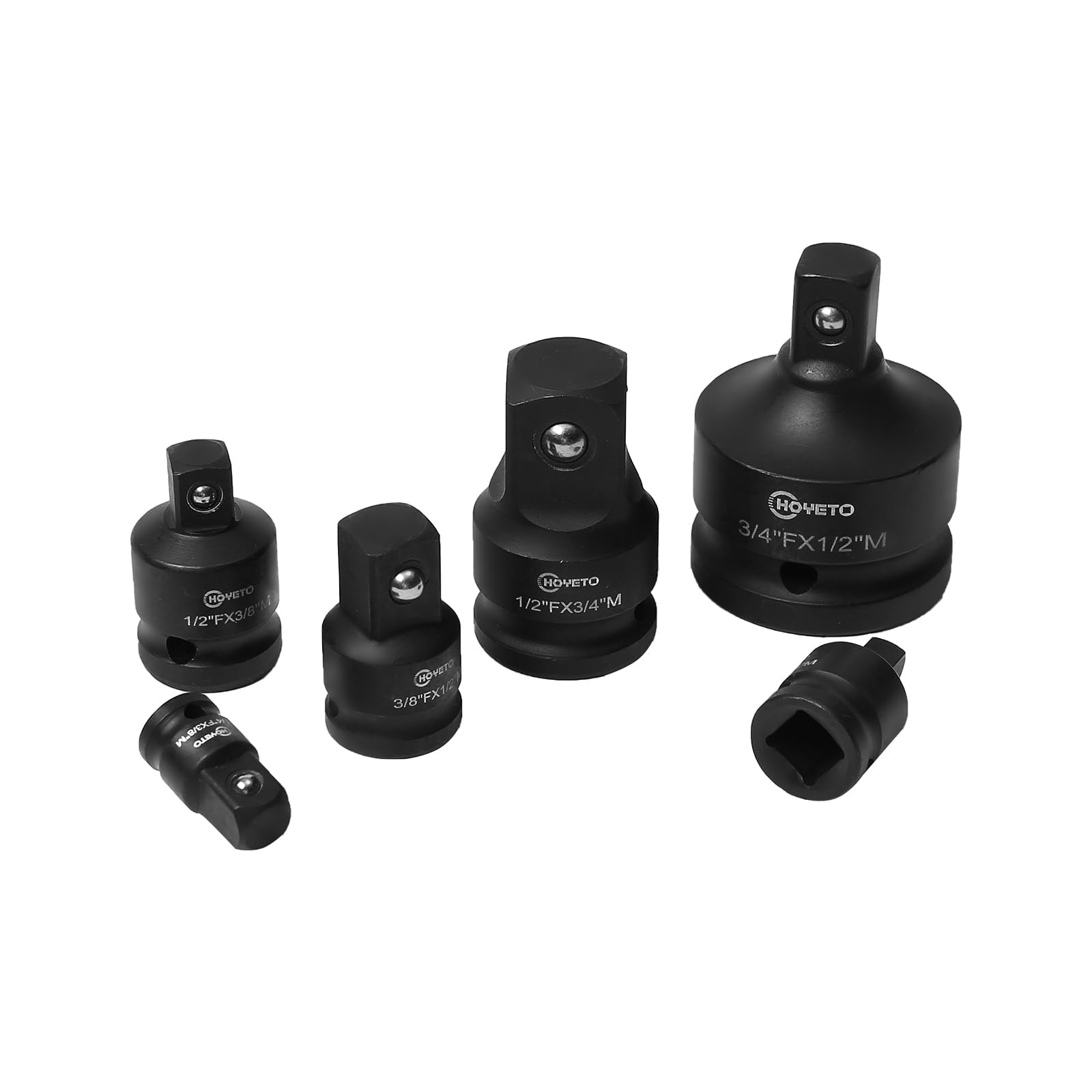 HOYETO 6PCS Impact Socket Adapter, CR-MO Steel 1/2"F to 3/8"M, 1/2"F to 3/4"M, 3/4"F to 1/2"M, 1/4"F to 3/8"M, 3/8"F to 1/4"M, 3/8"F to 1/2"M, Reducer for Impact Wrenches, Ratchets & Socket Sets