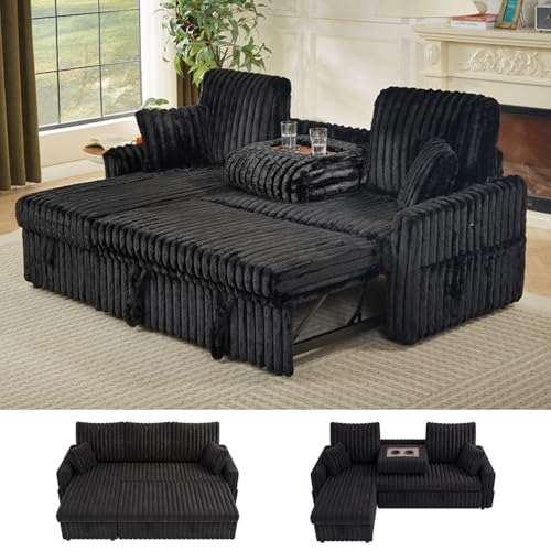 KCGKCG Sleeper Sofa Bed, 81” Pull Out Couch Bed with Reversible Storage Chaise, 3 in 1 L-Shaped Couch with Charging Station, Cup Holder, Side Pocket, Plush Corduroy Couches for Living Room(Black)