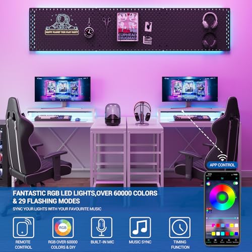 Image of Hetoy L-Shaped Gaming Desk with Power Outlets, Corner Desk with Drawers, Shelves & LED Lights, Computer Desk for Home & Office