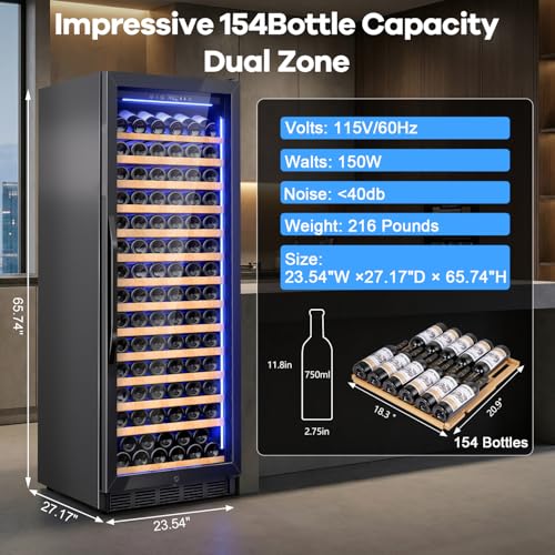 Image of 24 inch Wine Cooler Refrigerator Black, 24 Inch Wide Large Capacity Freestanding /Built in Wine Fridge for 154 Bottles with Safety Lock, Professional Wine Cellar with Glass Door
