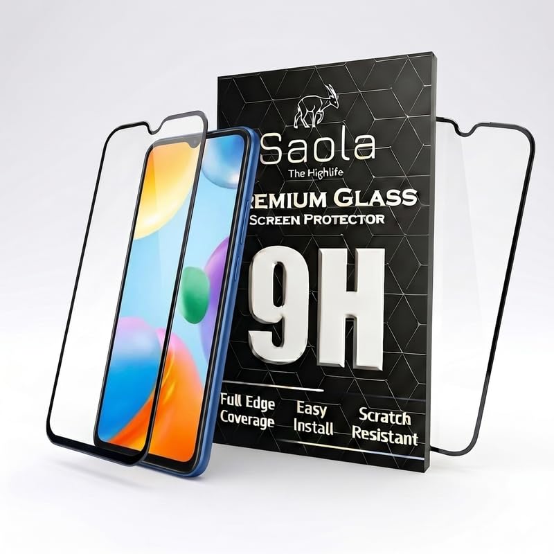 Image of Saola HD+ Oleophobic Tempered Glass Screen Protector For Redmi 10C (Pack Of 2) with Free Installation Kit. Full screen Coverage - 6.71 inch