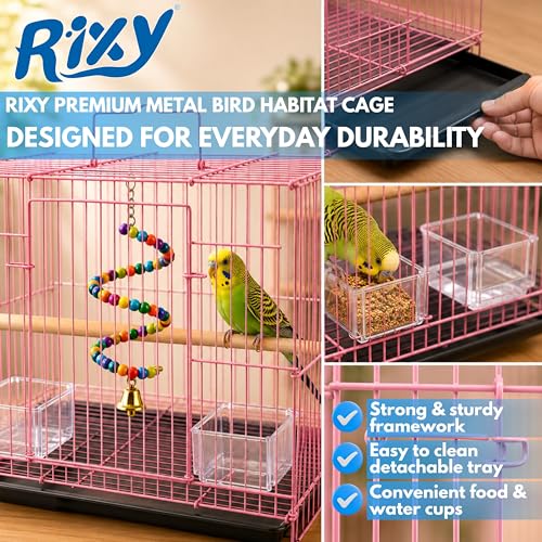 Image of Rixy Metal Bird Cage - 15 inch (1.25 feet) | Habitat Cage with Free Hanging Toy (1) + Perches (1) + Food & Water Feeder Cups (2) for Budgies, Lovebirds, Finches, Canaries & Cockatiel(Colour May Vary)