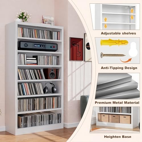 Image of 55 inch Media Storage Cabinet, Metal CD Storage Rack with 6 Adjustable Shelves, 7-Tier Large Stereo Cabinet for Living Room, Home Entertainment (White)
