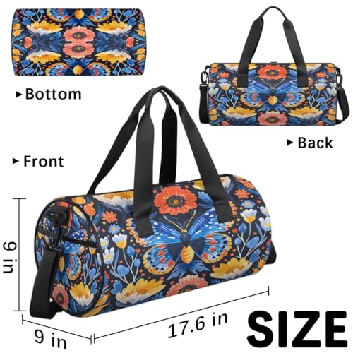 Blue Butterfly Flower Travel Gym Bag Waterproof Sport Dance Bag for Women Men Portable Gymnastics Duffel Bags Canvas Tote Carry on Handbag for Workout Overnight Weekender3