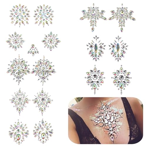 8 Pairs Rhinestone Breast Covers, Resin Rhinestone Pasties, Glitter Crystal Tattoo Jewels, Adhesive Breast Gem, Temporary Chest Sticker, Body Jewelry Sticker, Decoration Pasties for Parties
