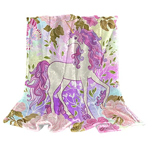 Couverture polaire licorne et fleur violette douce pour lit ou canapé de chambre