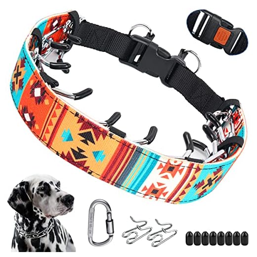 No Pull Dog Collar, Anti Pull Collars for Small Medium Large Dogs, Dog Training Collar with Printed Nylon Cover, Walking Collar with Carabiner and Adjustable Stainless Steel Links