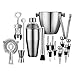 Professional Wine and Cocktail Mixing Bar Set by QLL, Large 25 oz. Stainless Steel Shaker, Ice Bucket, Muddler, Double Sided Jigger, 4 Liquor Bottle Pourers, Hawthorne Strainer, Conical Strainer