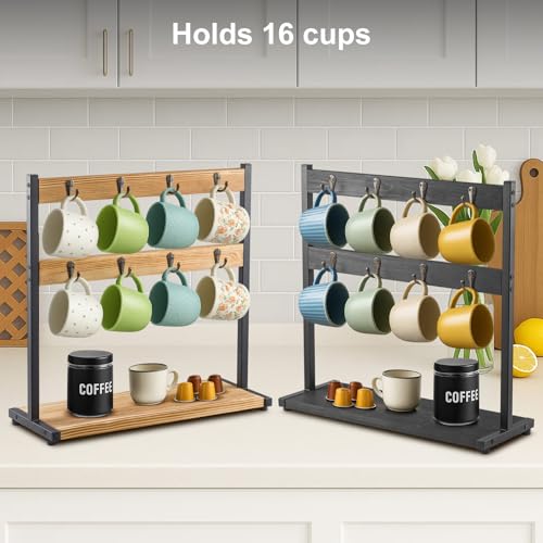 2-Tier Mug Tree with Storage Base 16-Hook Countertop Cup Holder Organizer - Image 5
