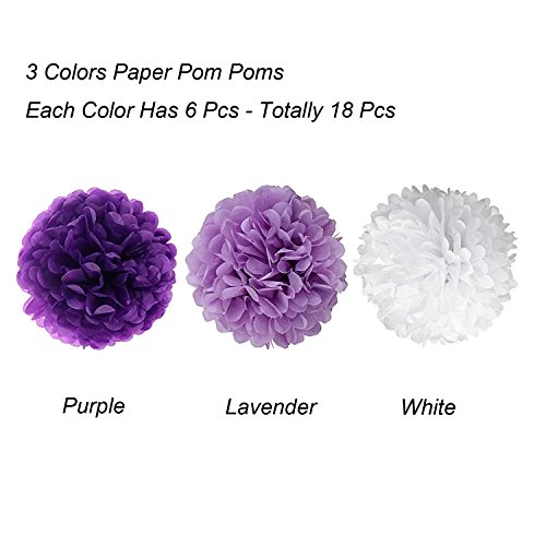 Tissue Paper Pom Poms, Recosis Paper Flower Ball For Birthday Party Wedding Baby Shower Bridal Shower Festival Decorations, 18 Pcs - Purple, Lavender And White #TOP1