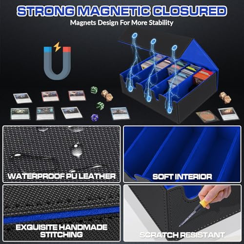 Image of AOBOPLE Trading Card Storage Box,3500+ Card Box Storage with 48 Dividers and 10 Card Supporters PU Leather Magnetic Cards Deck Case for MTG,TCG,Magic and Sport Cards (Black Blue)