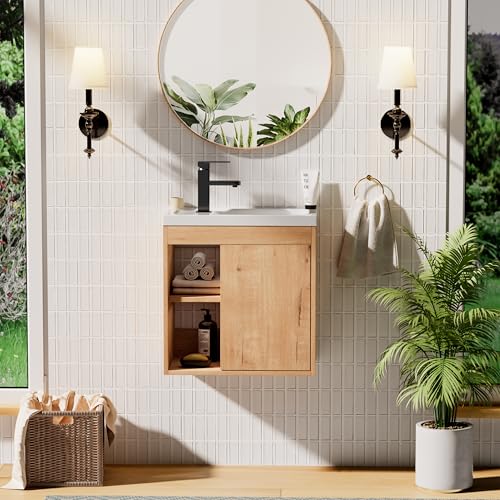 UEV Meuble Lave-Mains Mural, Meuble Lavabo Suspendu, Lavabo en Résine, Espace de Rangement Caché/Ouvert, Motif Bois Naturel, 51 x 30,5 x 54 cm, Naturel