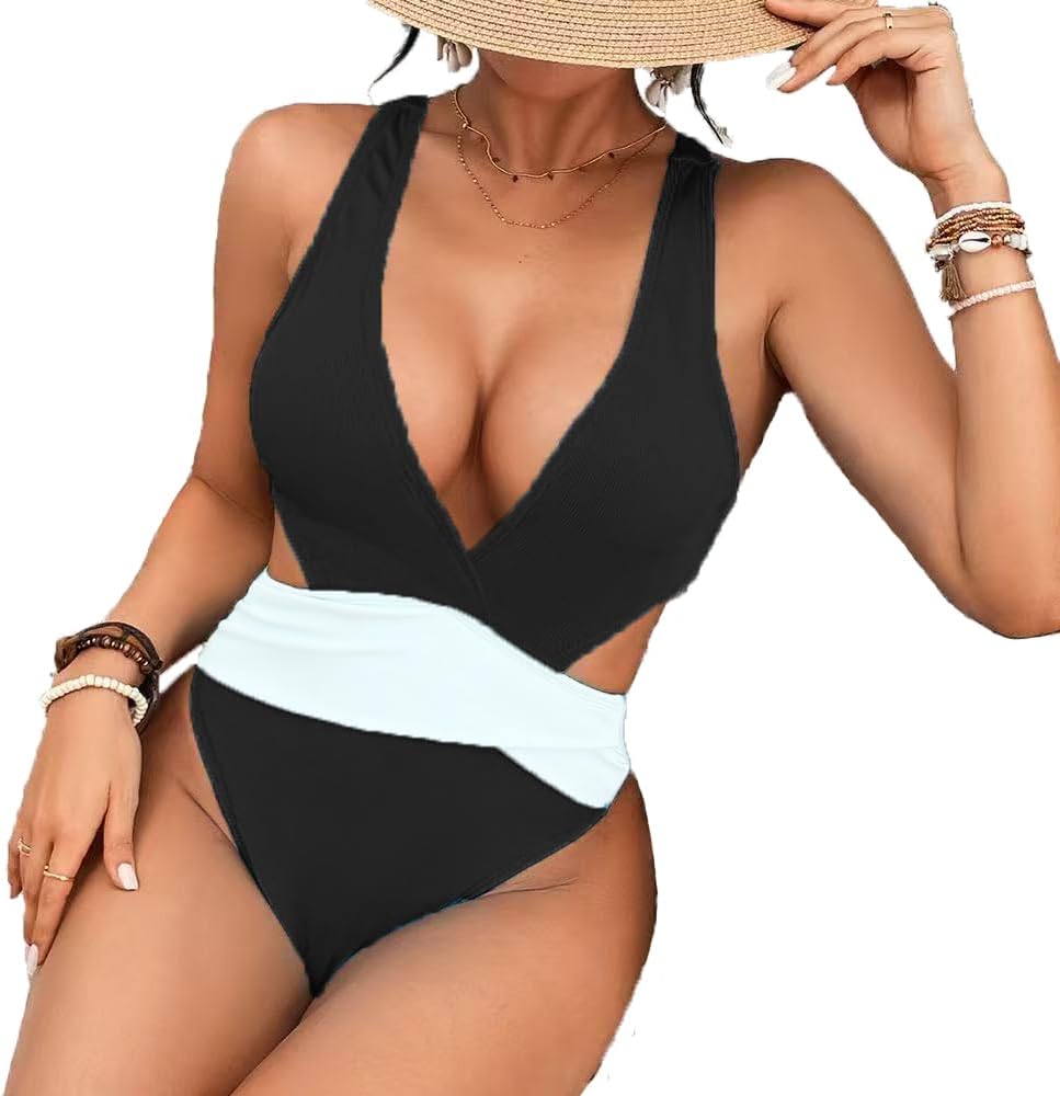 Women's One Piece Cut Out Bathing Suit Sexy Deep V Neck Cross Back Tie Ruched Swimsuit - Image 4