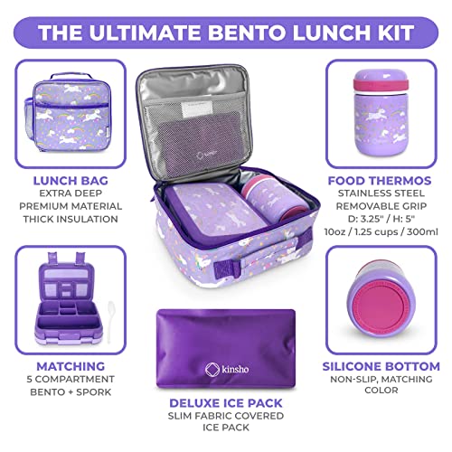 Image of Bento Box with Stainless Steel Thermo, Insulated Lunch Bag, Ice Pack Set for Kids - 5 Compartments, Lunches or Snack Container for Girls, Toddlers Daycare Pre-School, Kindergarten Purple Unicorn
