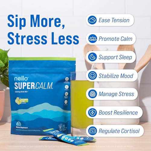 Image of Nello Supercalm Powdered Drink Mix, Cortisol Reducer and Sleep Aid Supplement, L Theanine, Ksm-66 Ashwagandha, Magnesium Glycinate, Vitamin D 3, No Sugar, Non GMO, On The Go, 20 Ct, Cucumber Lime