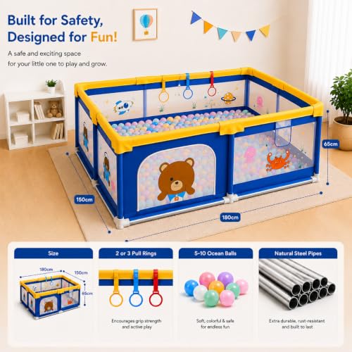 Image of MONSTECH Large Baby Playpen 150x180cm Pit Balls Playpen for Baby up to 5 Years with Anti-Fall Rings, Safety Lock, Breathable Mesh, Kids Activity Center Play Pen (Large-Blue)