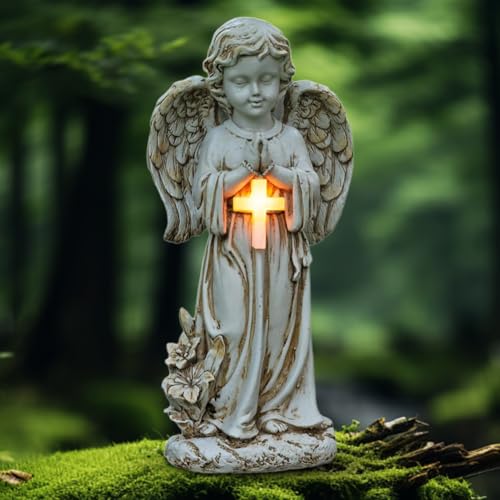VOHESEA Solängel, trädgårdsstatyer, 30 cm, bedjande ängel med LED-korsljus, ängelfigur vid gravprydnad, väderbeständigt fiske, trädgårdsfigurer, bedjande ängel, skulptur, dekoration, gräsmatta
