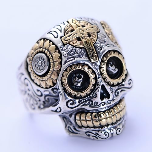 Real 925 Sterling Silver Mexican Sugar Skull Head Ring Golden Eye Cross Punk Gothic Biker Jewelry for Men Women Size 8-132