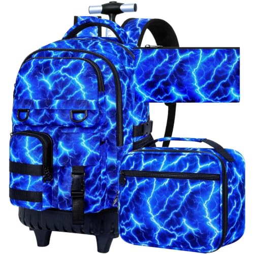 Image of CCJPX Rolling Backpack for Boys, 3Pcs Roller Wheeled School Bookbag, Lightning Wheels Backpacks with Lunch Box for Kids (Blue)