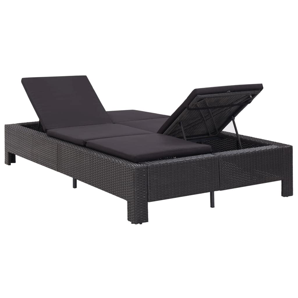 Leżak do opalania dla 2 osób, czarny rattan PE, 220 x 130 x 35 cm, malowany proszkowo stalowy stelaż, regulowany, do ogrodu, na balkon, taras, basen