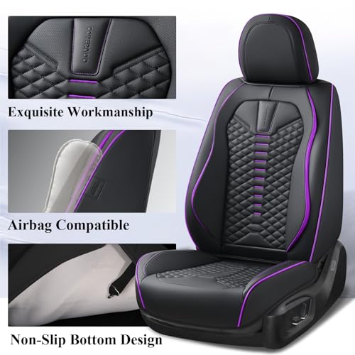 Image of Coverado Car Seat Covers Front Seats, Nappa Leather Black&Purple Car Seat Cover, Automotive Seat Covers, Waterproof Driver Seat Protector, 2 Pack Front Seat Cover Car Seat Cushion Fit for Most Cars
