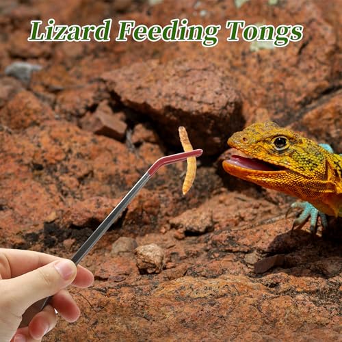 Image of Stainless Steel Reptile Feeding Tongs, Curved Aquarium Tweezers with Rubber Tip, Terrarium Tongs for Gecko, Lizard & More, 10.63 inch Length, Red
