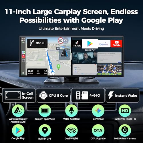 Image of LAMTTO 11'' AI CarPlay Screen with Google-Play Download APPs & Gemini