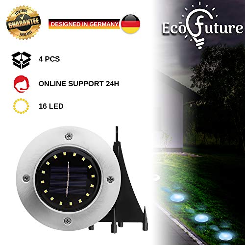 Preisvergleich Produktbild [LEBENSLANGE GARANTIE], 4 Stück, Gartenlichter Solar Betrieben, 16 Led Solar Aussenleuchte, Wasserfeste Integrierte Batterie IP 65, Disk Lights, Solarbodenleuchte für Außen (Kaltes Licht)