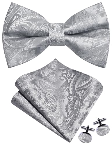 GUSLESON Silver Grey Bow Tie Set for Wedding Pre-Tied Solid Paisley Bowties Pocket Square Cufflinks for Men (0489-07)